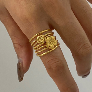 1 Piece Luxurious Series Chic Style Flowers Stainless Steel Gold Color Women's Ring Sets h5 Picture7