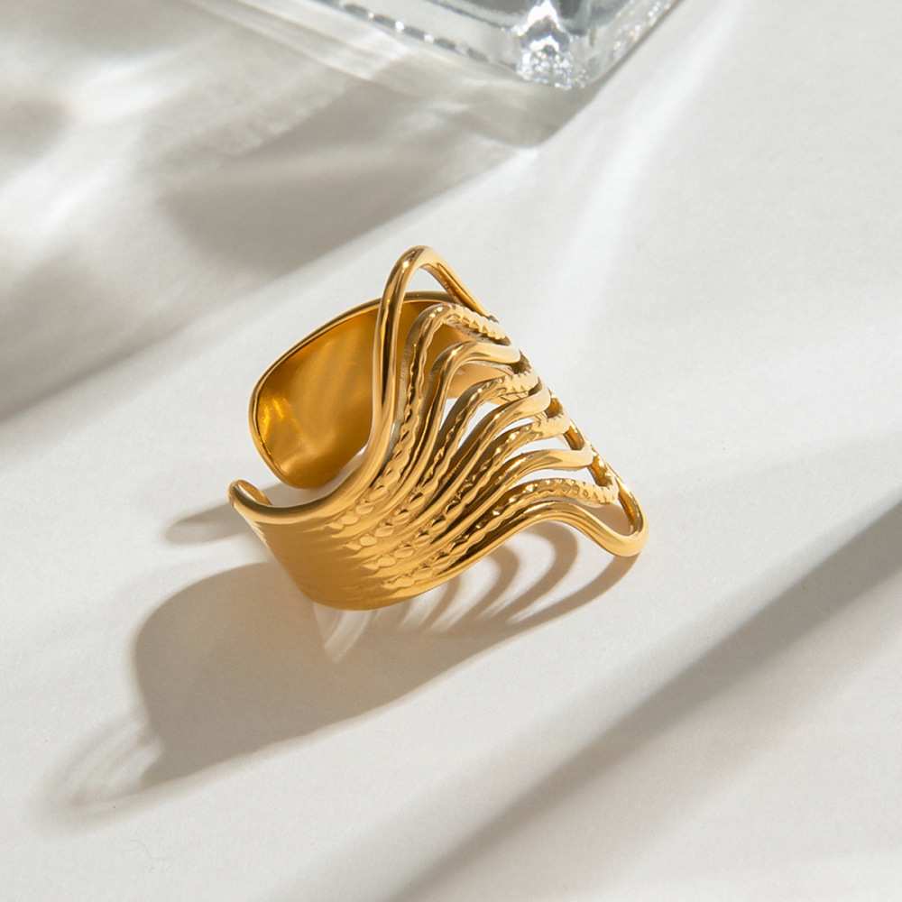 1 Stück Minimalist Series Chic Line Edelstahl Wasserdicht Goldfarbene Damenringe Verstellbar Bild4