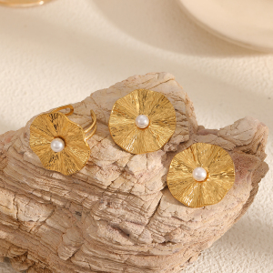 1 Pair Classic Series Retro Hammered Texture Circle Stainless Steel Waterproof Gold Color Women's Earrings Set h5 Picture4