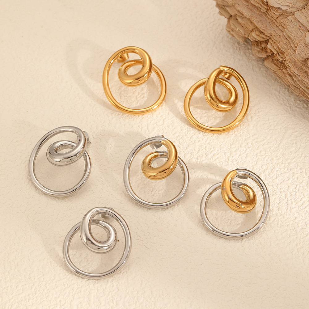 1 Pair Modern Style Irregular Spiral Shape Gold Color Stainless Steel Waterproof Women's Stud Earrings h5Picture3