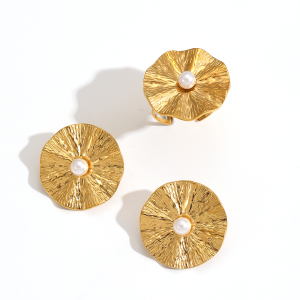 1 Pair Classic Series Retro Hammered Texture Circle Stainless Steel Waterproof Gold Color Women's Earrings Set h5 Picture5