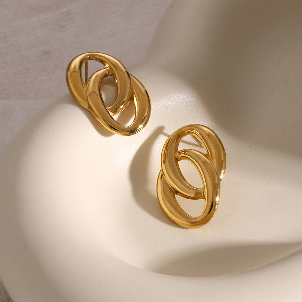 1 Pair Exquisite Series Daily Double-Layer Round Stainless Steel Waterproof Gold Color Women's Stud Earrings Picture10