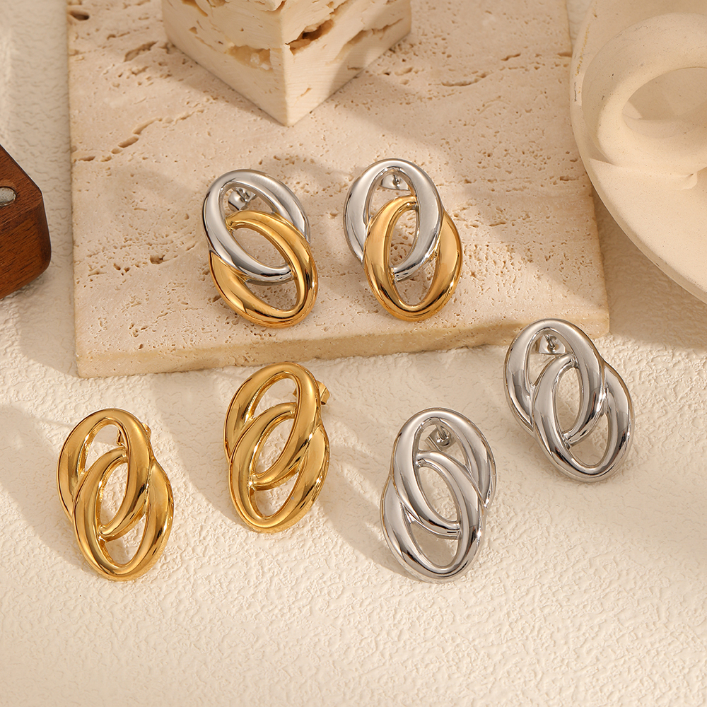 1 Pair Exquisite Series Daily Double-Layer Round Stainless Steel Waterproof Gold Color Women's Stud Earrings Picture3