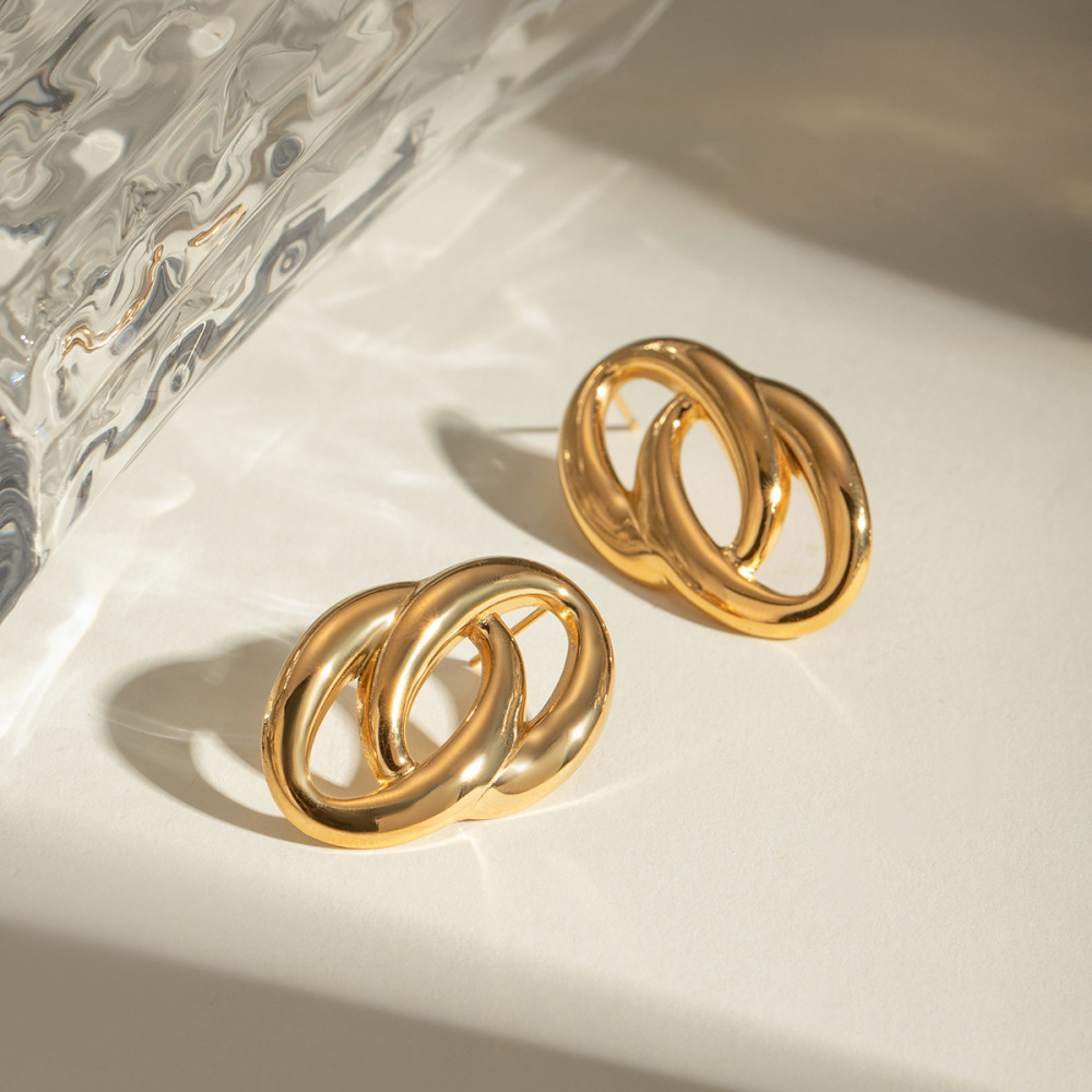 1 Pair Exquisite Series Daily Double-Layer Round Stainless Steel Waterproof Gold Color Women's Stud Earrings Picture9