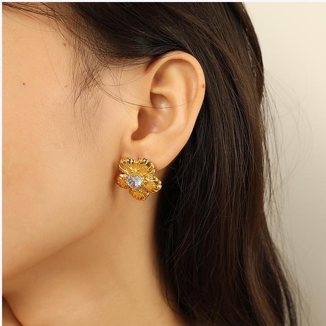 1 Par De Lujosos Pendientes De Botón De Acero De Titanio Y Oro Con Diseño De Flores Simples Para Mujer h5Imagen7