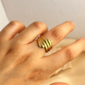 1 Piece Simple Series Stripe Stainless Steel Waterproof Gold Color Women's Adjustable Rings h5 Picture4