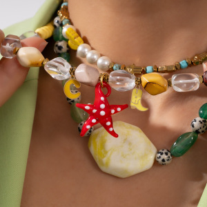 Collar De Cuentas Para Mujer, De Acero Inoxidable, Resistente Al Agua, Color Dorado, Con Diseño De Estrellas De Mar Coloridas, Estilo Tropical, 1 Pieza h5 Imagen3
