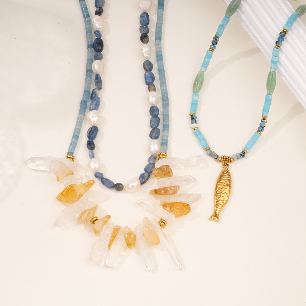 1 Piece Ocean Series Vacation Fish Irregular Crystal Gold Color Natural Stone Women's Beaded Necklaces Picture4