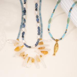 1 Piece Ocean Series Vacation Fish Irregular Crystal Gold Color Natural Stone Women's Beaded Necklaces h5 Picture4