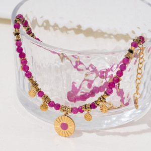 1 Stuk Ingewikkelde Serie Retro Cirkel Roestvrijstalen Waterdichte Gouden En Roze Natuurstenen Dameshanger Ketting h5 Afbeelding3