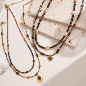 1 Piece Bohemia Style Classic Beads Stainless Steel Waterproof Tiger's-Eye Natural Stone Women's Beaded Necklaces h5 Picture5