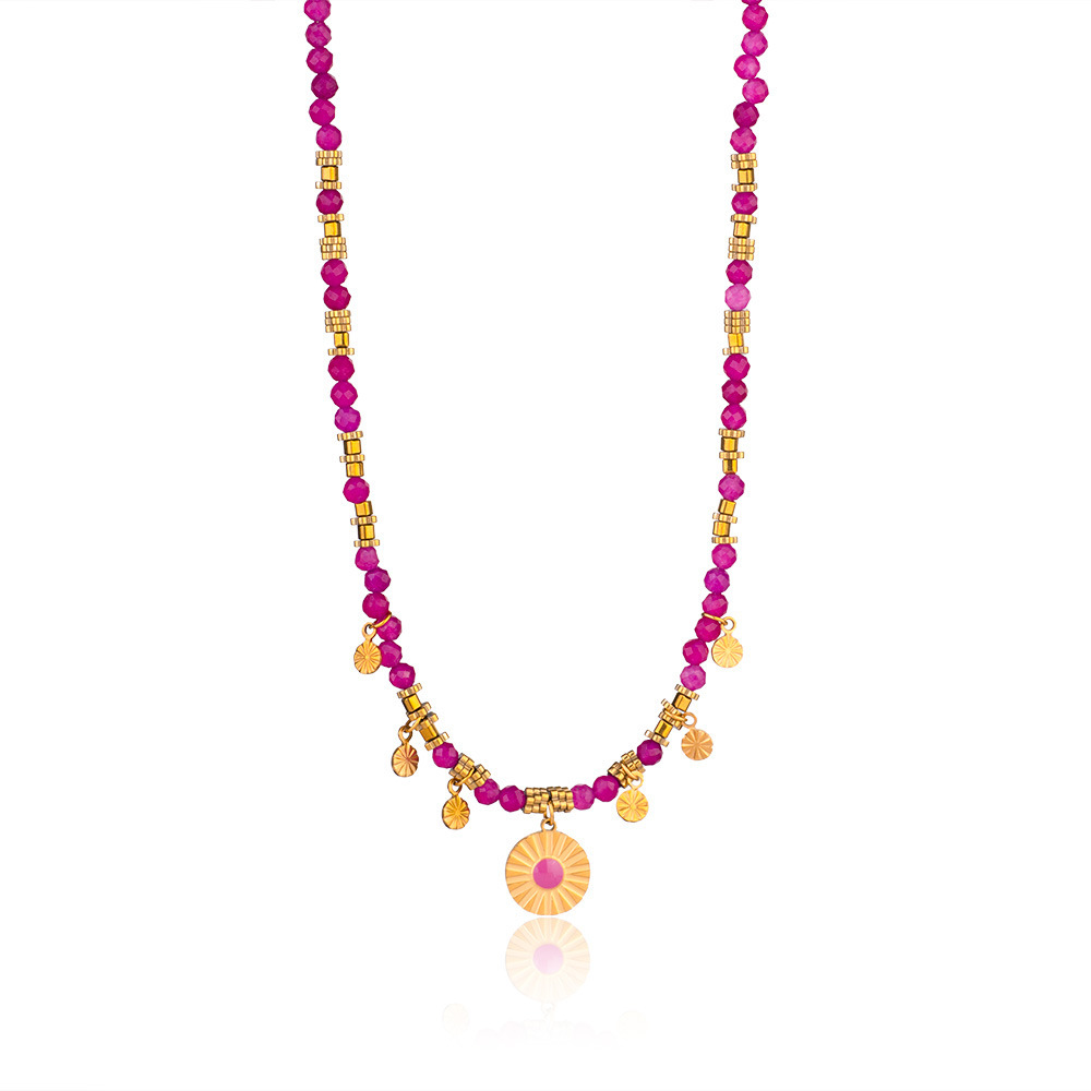 1 Stuk Ingewikkelde Serie Retro Cirkel Roestvrijstalen Waterdichte Gouden En Roze Natuurstenen Dameshanger Ketting Afbeelding5