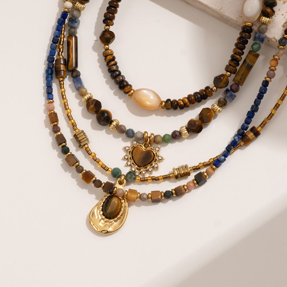 1 Piece Bohemia Style Classic Beads Stainless Steel Waterproof Tiger's-Eye Natural Stone Women's Beaded Necklaces Picture4