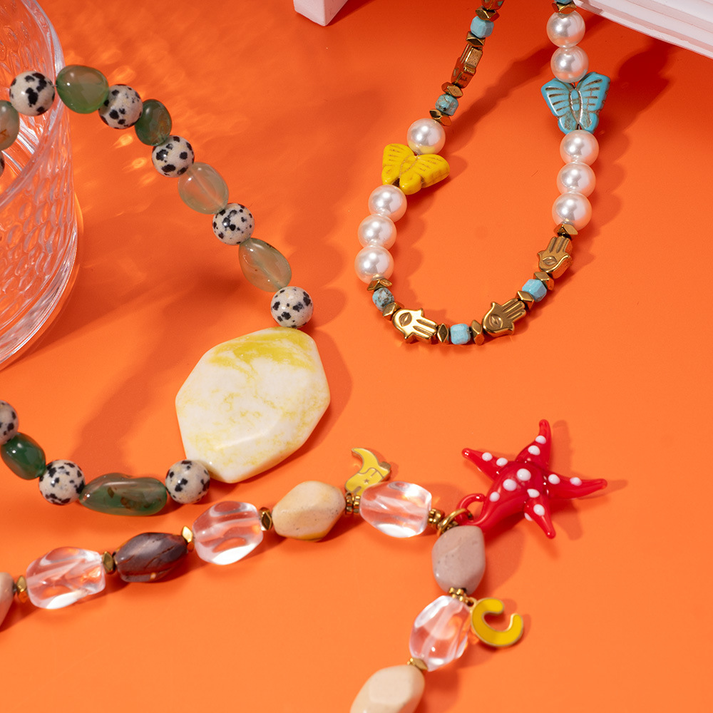 Collar De Cuentas Para Mujer, De Acero Inoxidable, Resistente Al Agua, Color Dorado, Con Diseño De Estrellas De Mar Coloridas, Estilo Tropical, 1 Pieza Imagen5