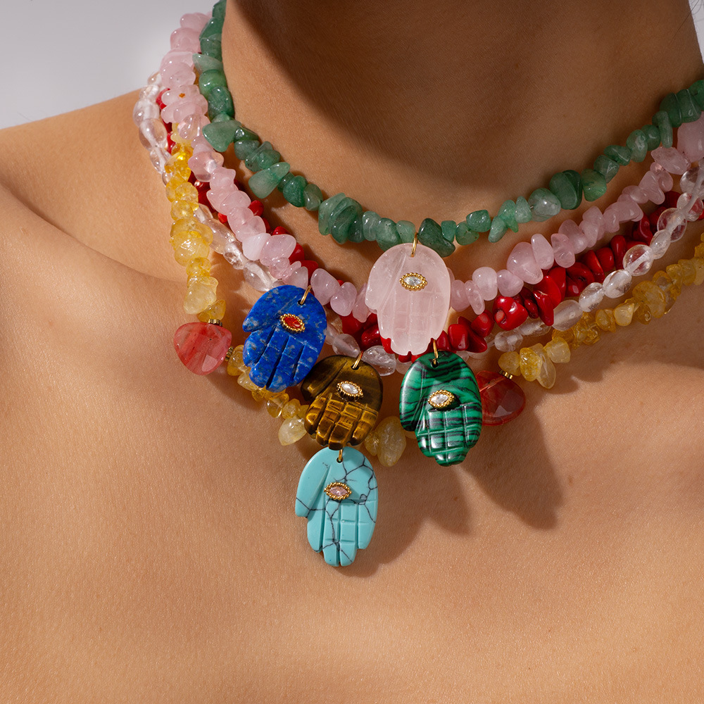 Collar De Cuentas Para Mujer De Acero Inoxidable Con Forma De Mano Bohemia, Serie Policromada, Resistente Al Agua, Color Dorado, Piedra Natural Irregular Imagen4
