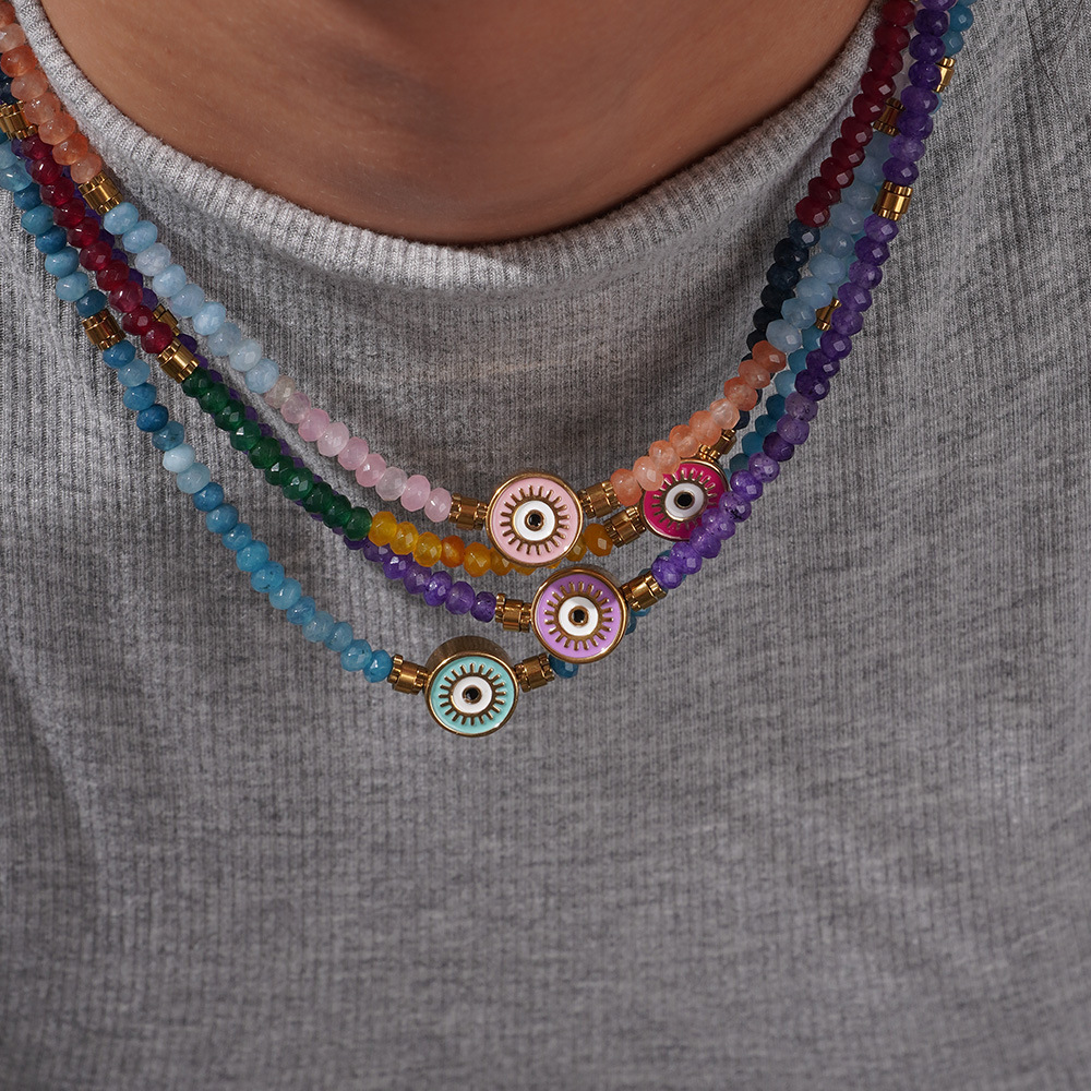 Collana Con Perline Di Cristallo Da Donna, In Acciaio Inossidabile, Impermeabile, Color Oro, Con Motivo A Occhio Classico, Serie Etnica, 1 Pezzo Immagine4