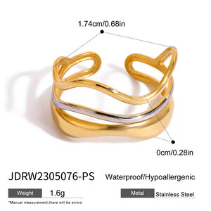 1 Piece Gold Color Stainless Steel Waterproof Multi-Layered Water Ripple Shape Women's Adjustable Rings h5