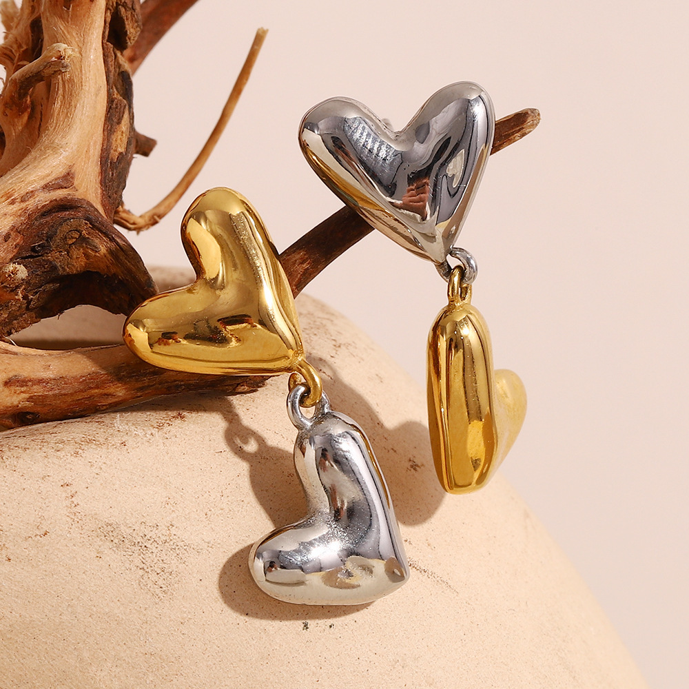 Retro Heart Stainless Steel Waterproof Gold & Sliver Color Mixed Drop Earrings h5Picture2