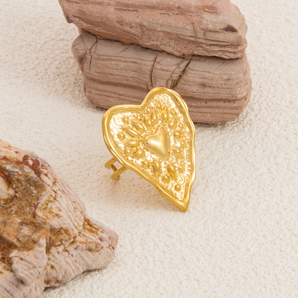 Retro Heart Stainless Steel Waterproof Gold Color Adjustable Rings Picture4