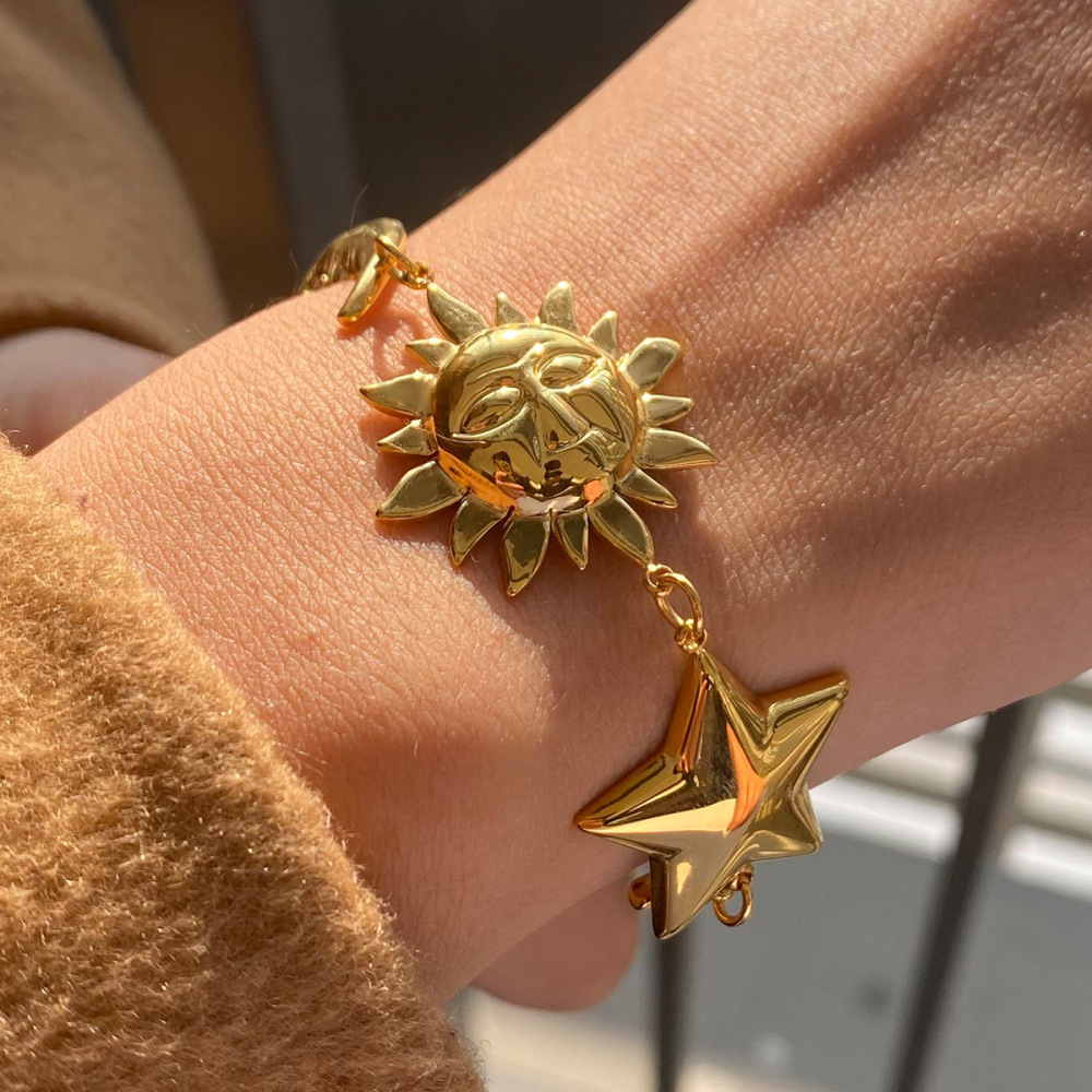 Retro Sun/Moon Stainless Steel Waterproof Gold Color Women's Charm Bracelets h5Picture9