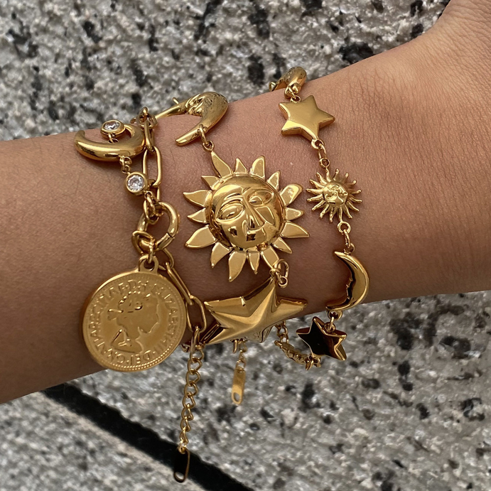 Retro Sun/Moon Stainless Steel Waterproof Gold Color Women's Charm Bracelets h5Picture5