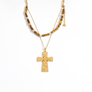 Collana Con Perline Da Donna In Pietra Naturale Color Oro, In Acciaio Inossidabile, Impermeabile, Con Croce Retrò, 1 Pezzo h5 Immagine8