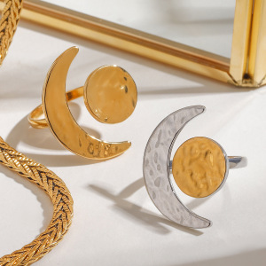 Retro Sun/Moon Stainless Steel Waterproof Gold Color Women's Adjustable Rings h5 Picture4