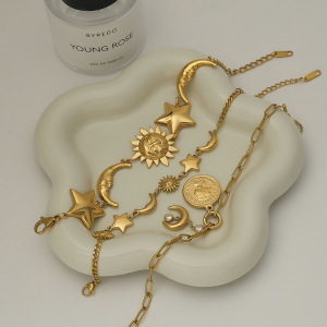 Retro Sun/Moon Stainless Steel Waterproof Gold Color Women's Charm Bracelets h5 Picture4