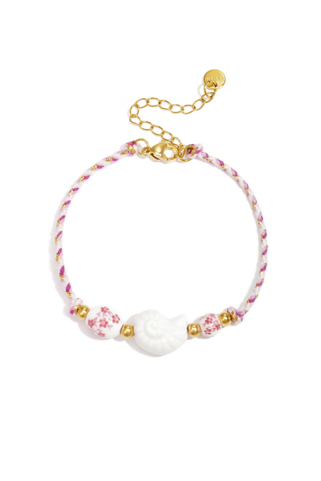 Rope bracelet with shell and floral design beads