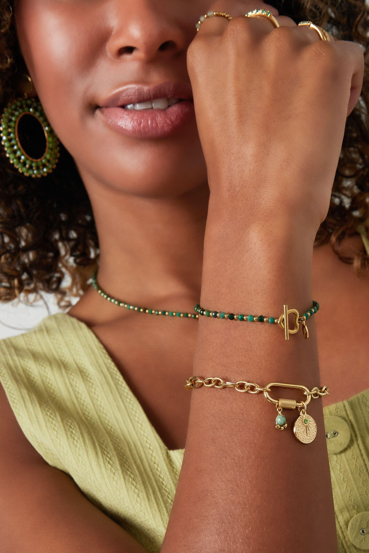 Pulsera con cuentas corazón candado - acero inoxidable verde/dorado h5 Imagen4