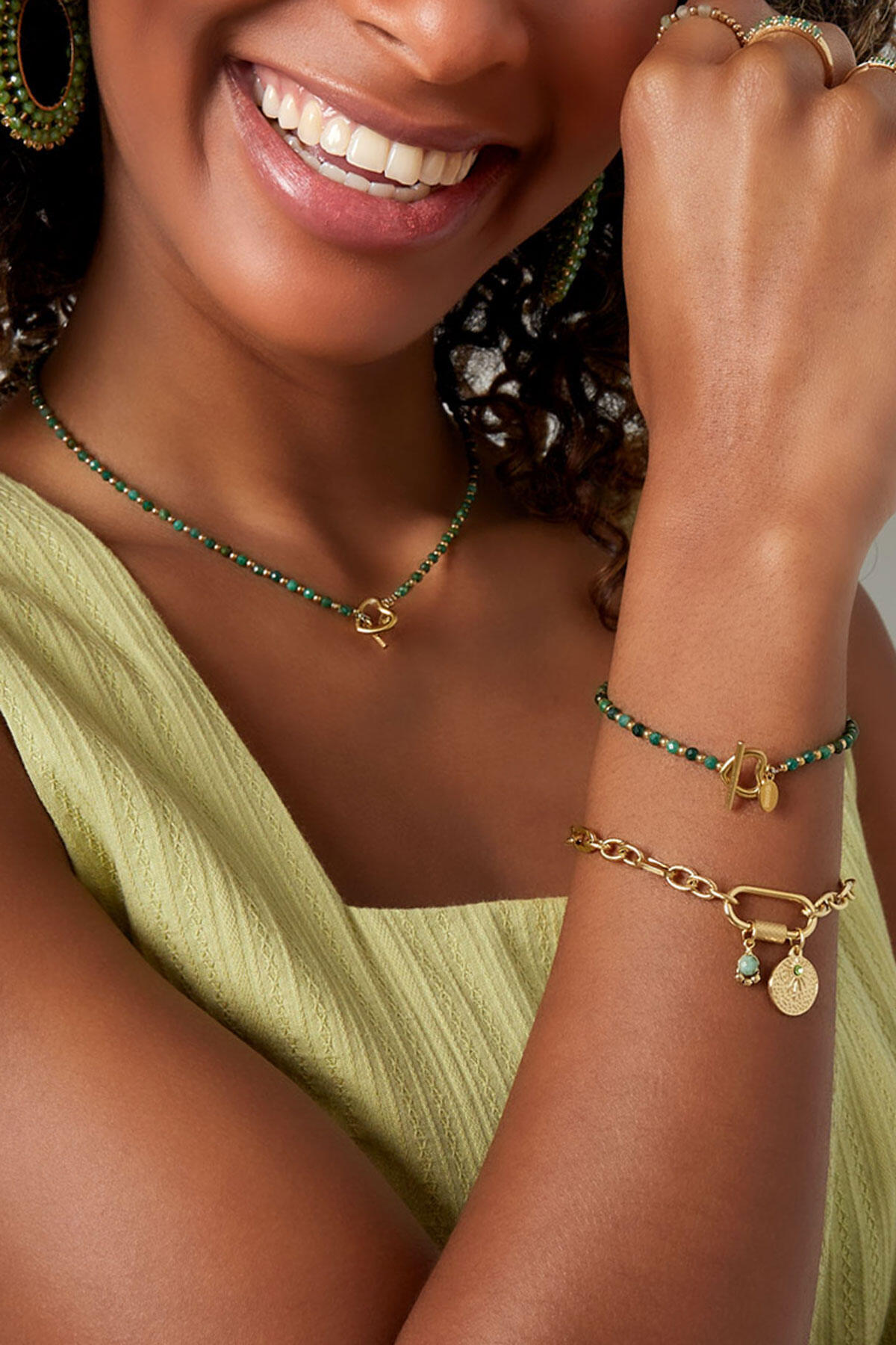 Pulsera con cuentas corazón candado - acero inoxidable verde/dorado Imagen2