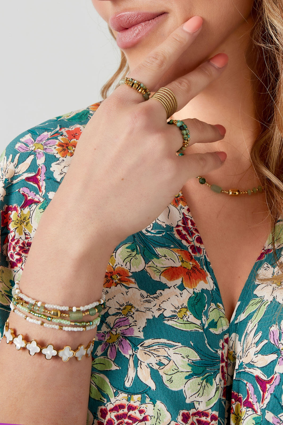 bracciale mix di perline - acciaio inossidabile rosa e colore oro h5 Immagine3