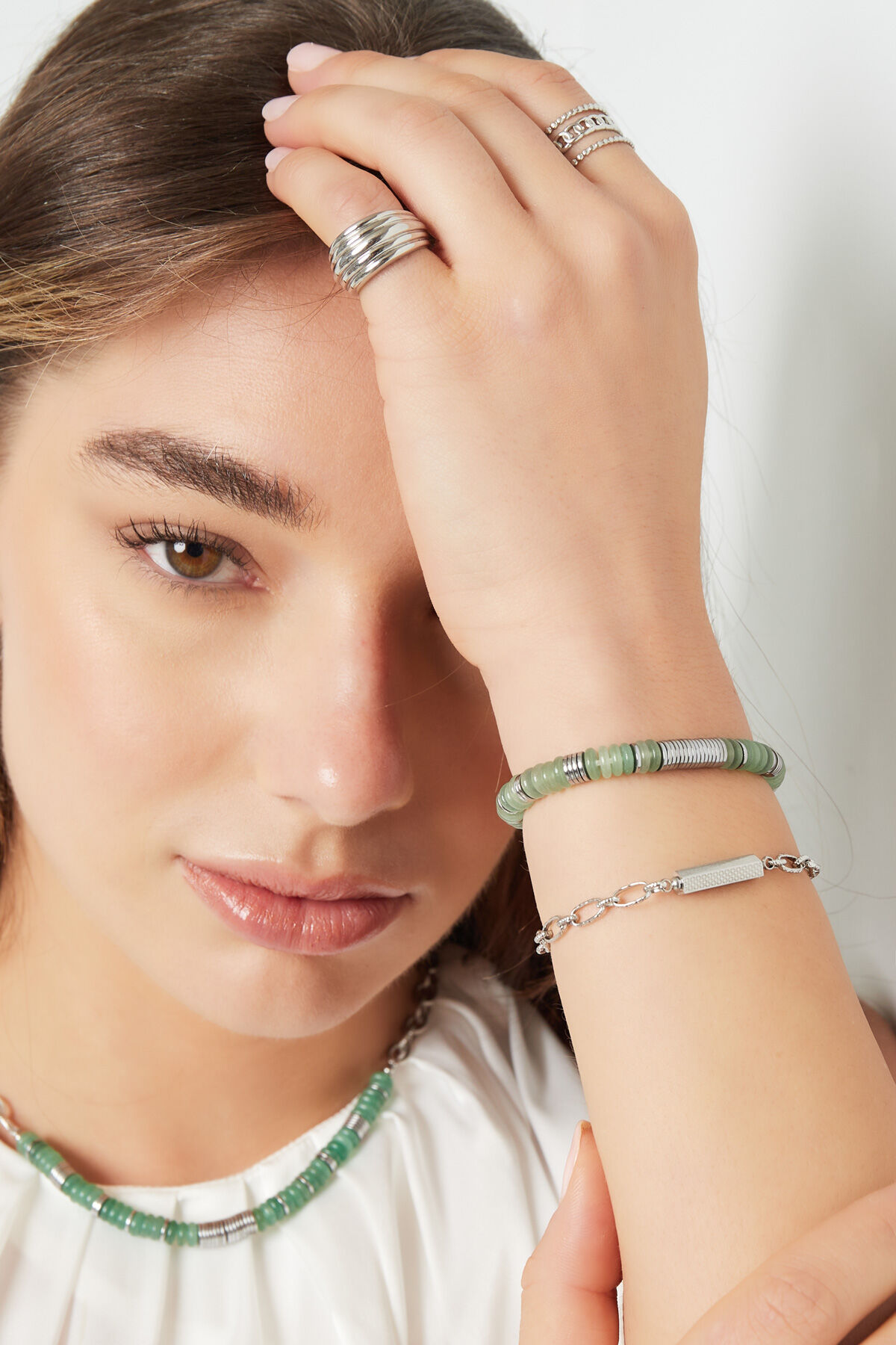 Boncuklu bağlantı bileziği - altın/yeşil Green & Gold Stainless Steel h5 Resim2