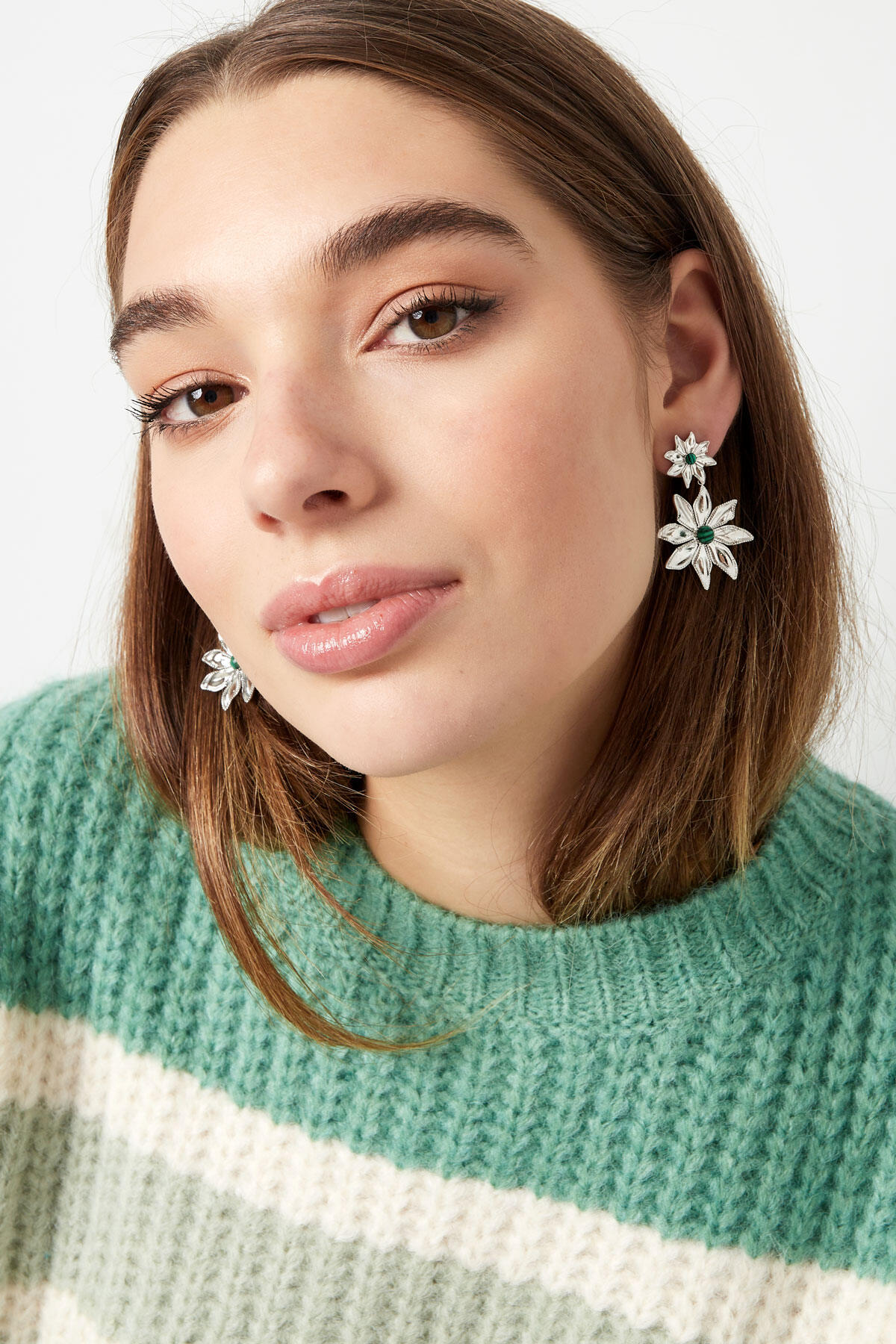 Double Flower Earrings - Gold Color/Green 2