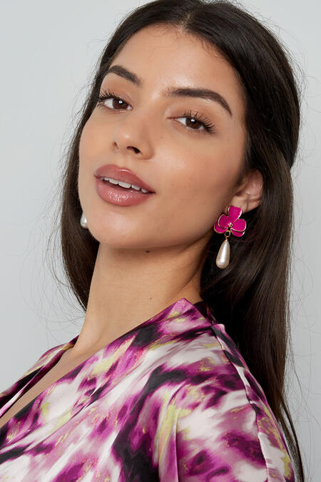 Earrings pink flower with pearl - Silver Color color 2