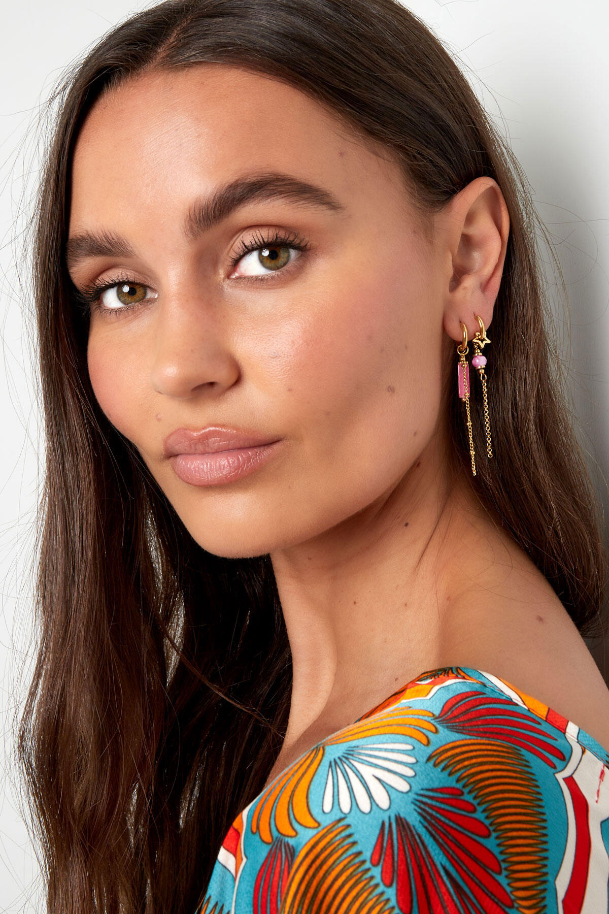 Earrings With Bead Pendant - Gold Color/Pink Stainless Steel 2
