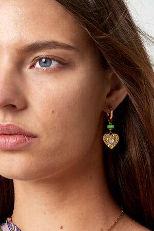 Boucles d'Couleur oreilles pièce coeur avec perle verte - Couleur or/vert h5 Image3
