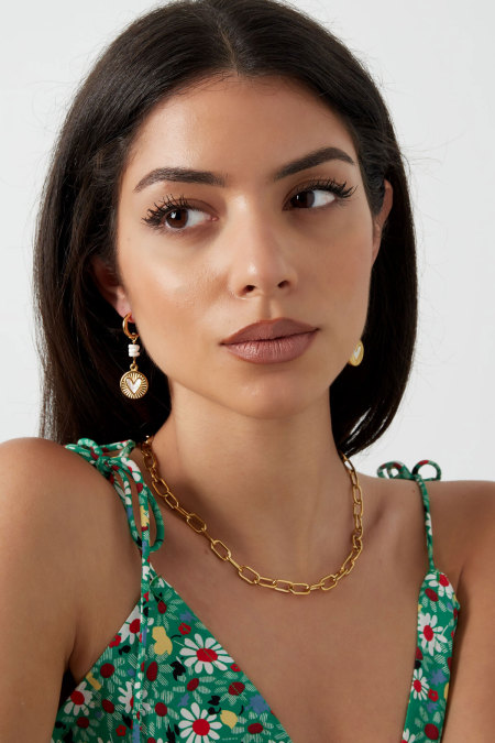 Earrings hanging heart coin - Gold color/white 2
