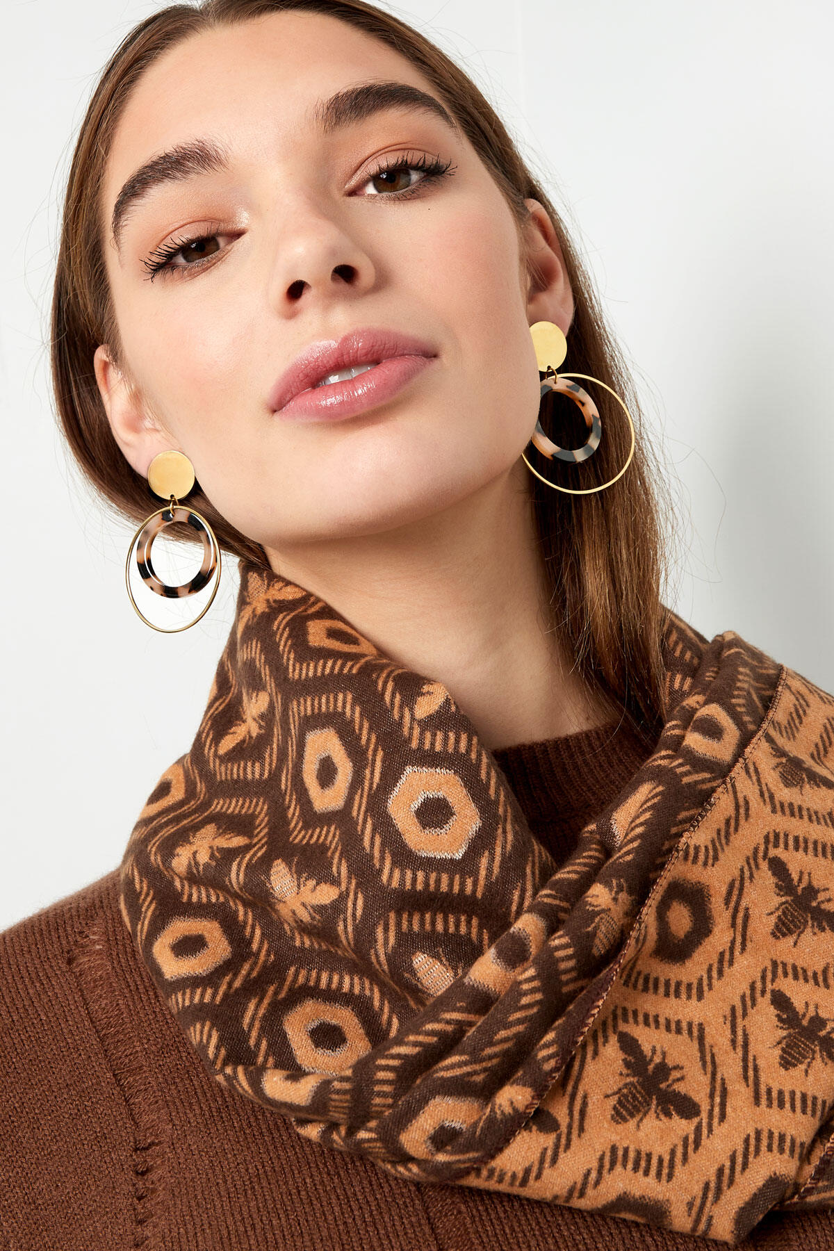 Earrings double round - Gold color/beige