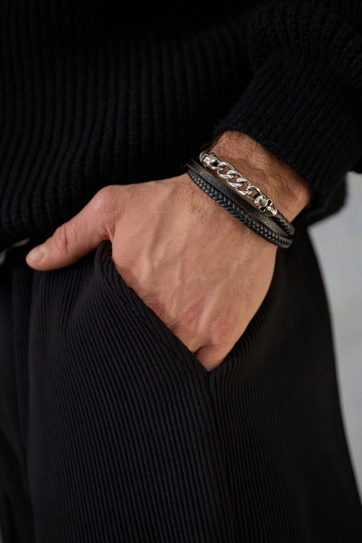Heren armband gevlochten met schakels - zilver/zwart h5 Afbeelding5