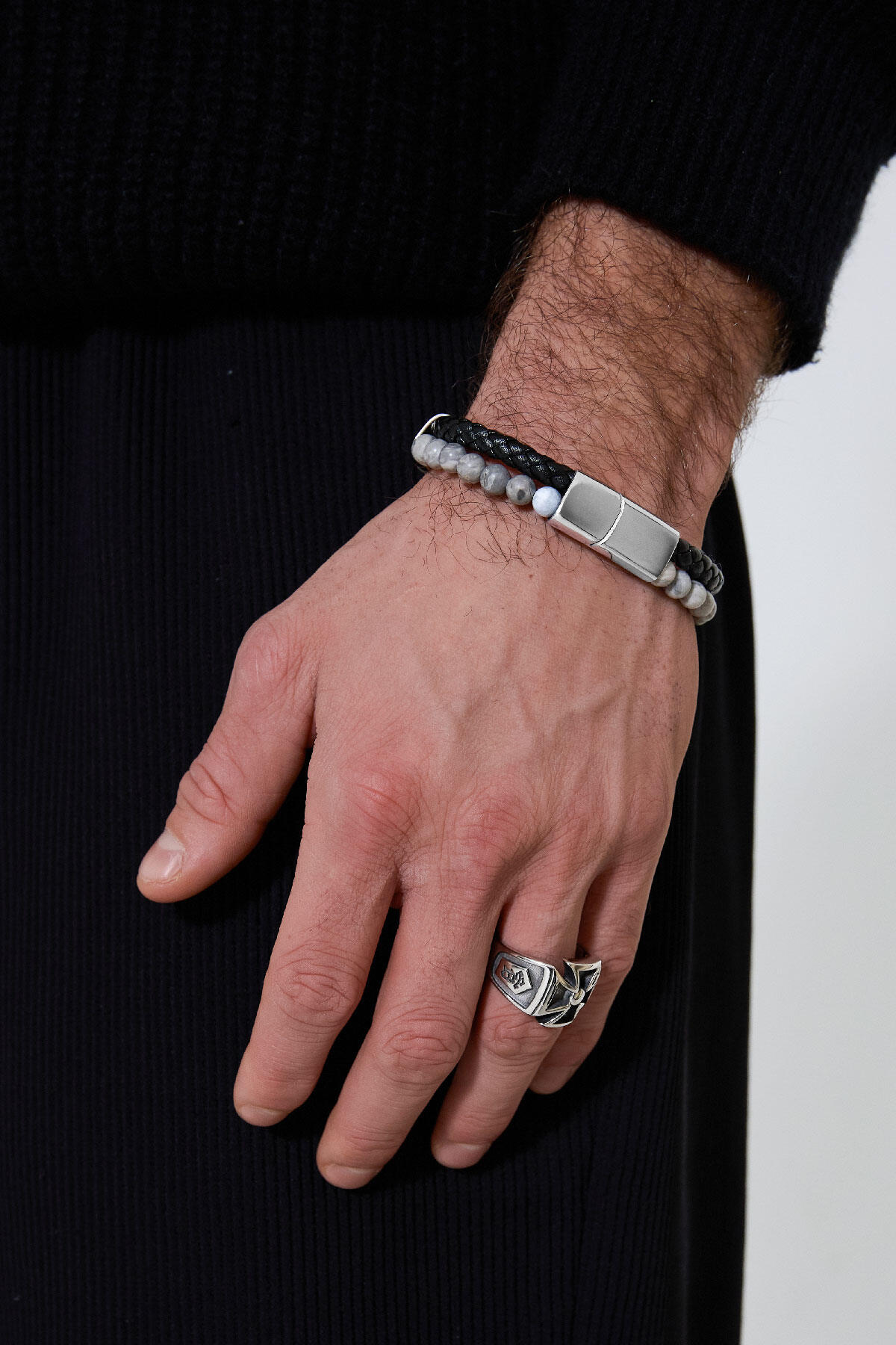 Bracciale da uomo doppia treccia e perline h5 Immagine3