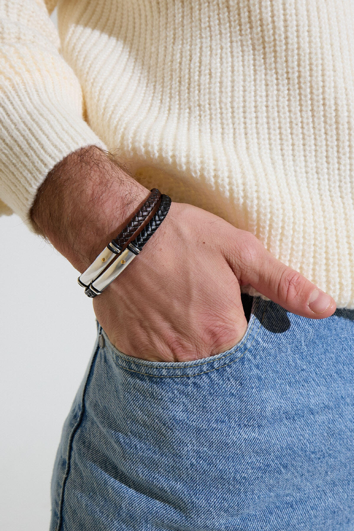 Bracciale da uomo intrecciato - argento/nero Immagine5