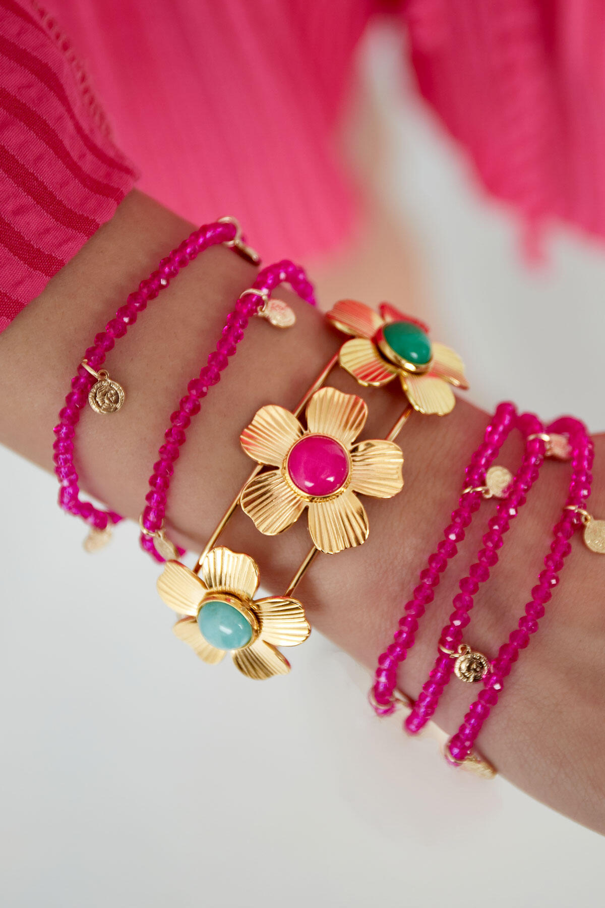 Bracelet bohème fleurs pierres - Doré Image2