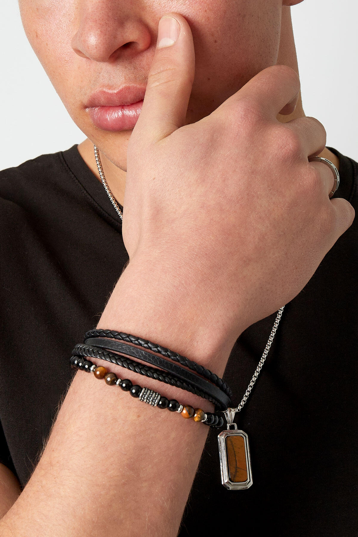 Bracciale da uomo intrecciato doppiamente con perline - argento/nero h5Immagine3