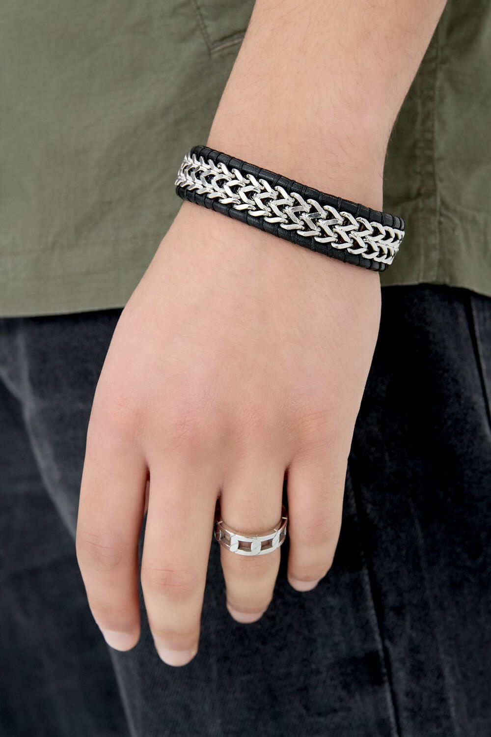 Men's bracelet with leather - silver color black Picture3