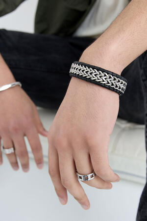 Men's bracelet with leather - silver color black h5 Picture4