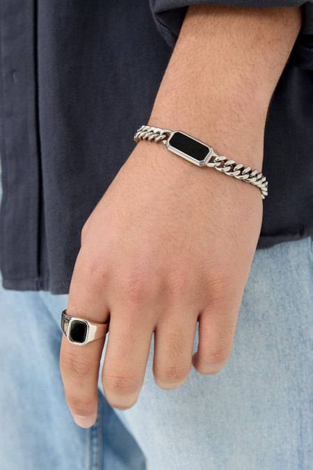 Link Bracelet With Black Stone - Silver Color Color 2