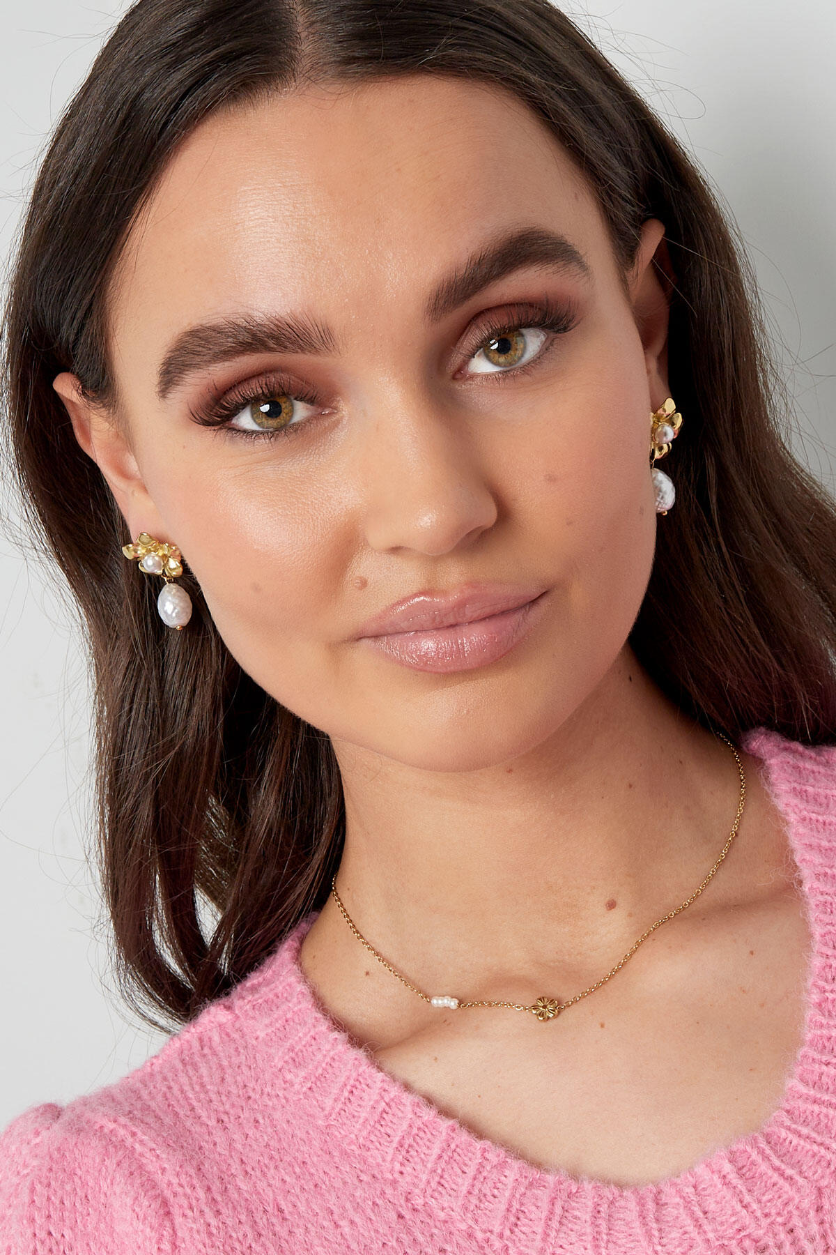 Pendientes llamativos de perlas y flores - dorado Imagen2