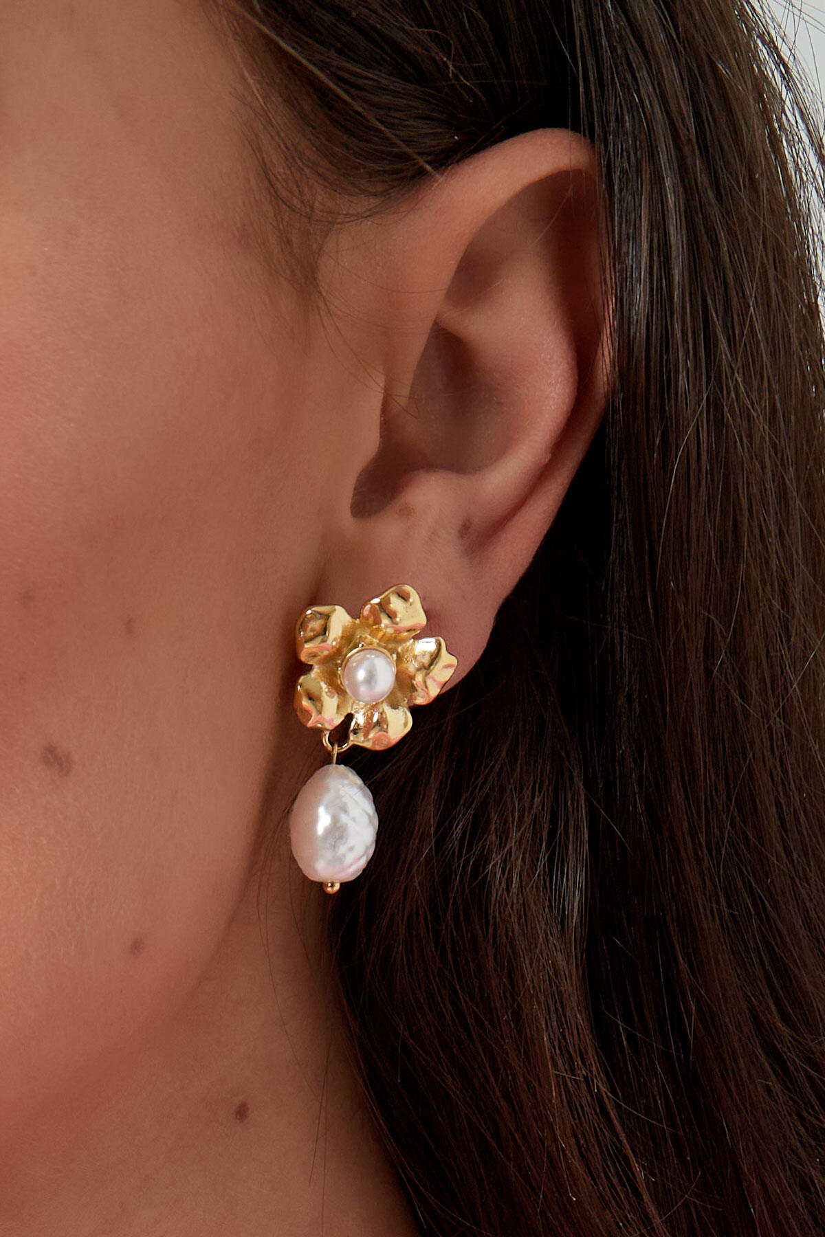 Pendientes llamativos de perlas y flores - dorado Imagen3
