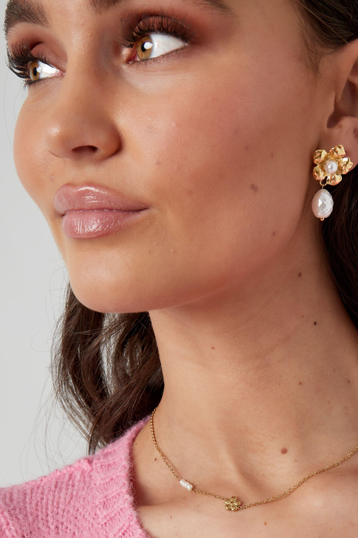Pendientes llamativos de perlas y flores - dorado h5 Imagen4